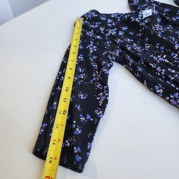 Gap Black Blue Floral Print Faux Wrap 3/4 Sleeve Ladies Dress Ruffle Petite XS - Picture 12 of 14